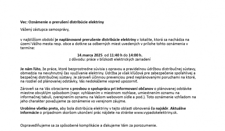 Fotka - Oznámenie o prerušení distribúcie elektriny 14.marca 2025 od 11:40 h do 14:00 h.
