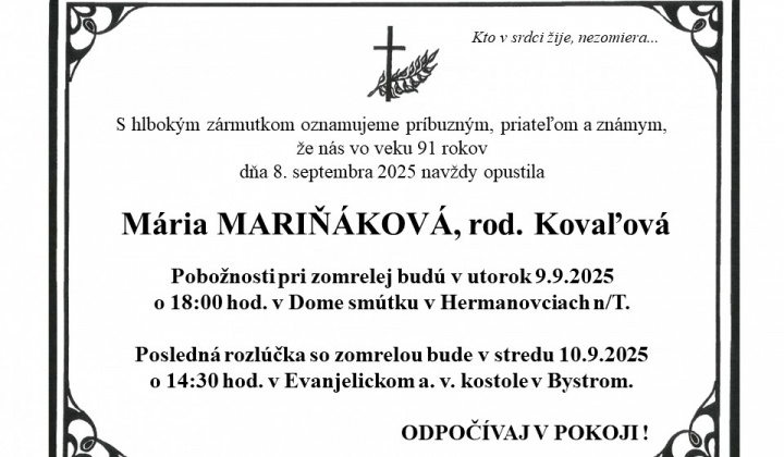 Fotka - Posledná rozlúčka s Máriou MARIŇÁKOVOU, rod. KOVAĽOVÁ
