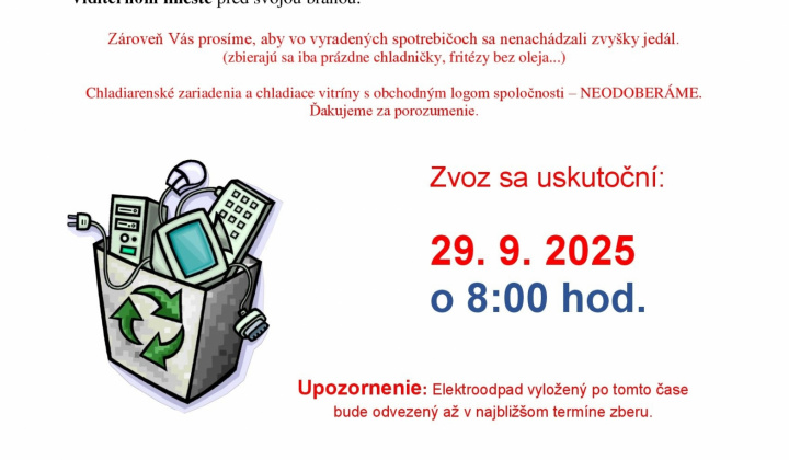 Fotka - Zber elektroodpadu 29.9. 2025 (pondelok) v čase o 8:00 hod. - 40. týždeň