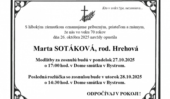 Fotka - Posledná rozlúčka s Martou SOTÁKOVOU, rod. HREHOVOU