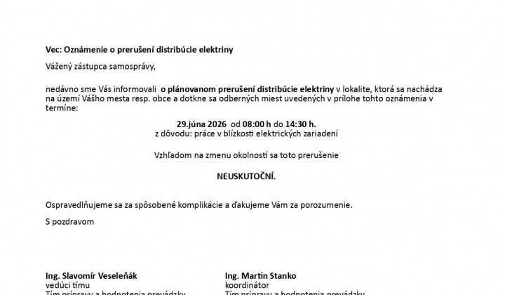 Fotka - Oznámenie o neuskutočnení prerušenia dodávky elektrickej energie