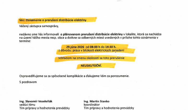 Fotka - Oznámenie o neuskutočnení prerušenia dodávky elektrickej energie dňa 29.júna 2026