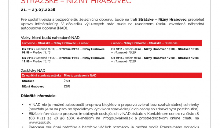 Fotka - Výluka ''STRÁŽSKE – NIŽNÝ HRABOVEC 21. – 23.07.2026''