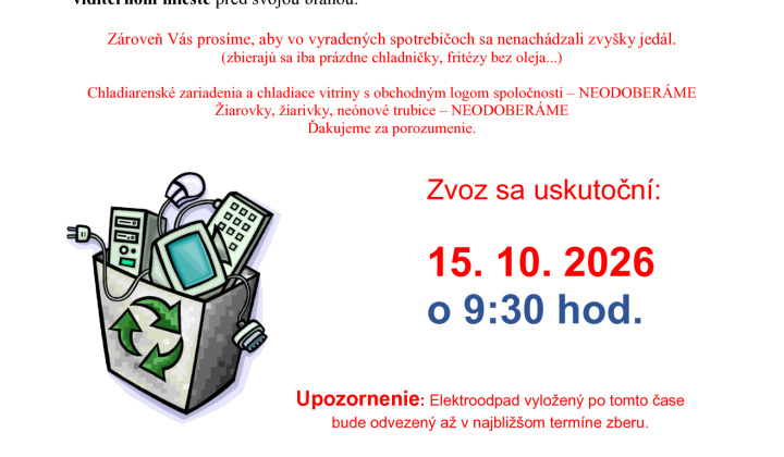 Fotka -  Zber elektroodpadu 15.10. 2026 (štvrtok) v čase o 9:30 hod. - 42. týždeň